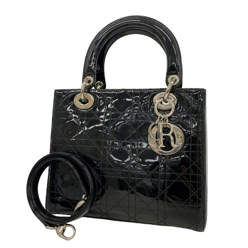 Christian Dior Cannage Lady handbag, black enamel, 2-way bag for women.